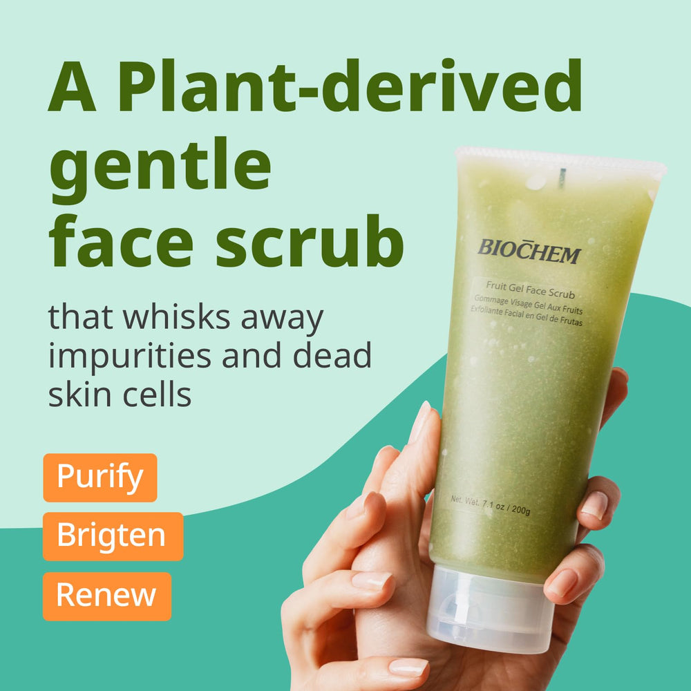 Close-up of BIOCHEM Fruit Gel Face Scrub texture highlighting gentle exfoliation
