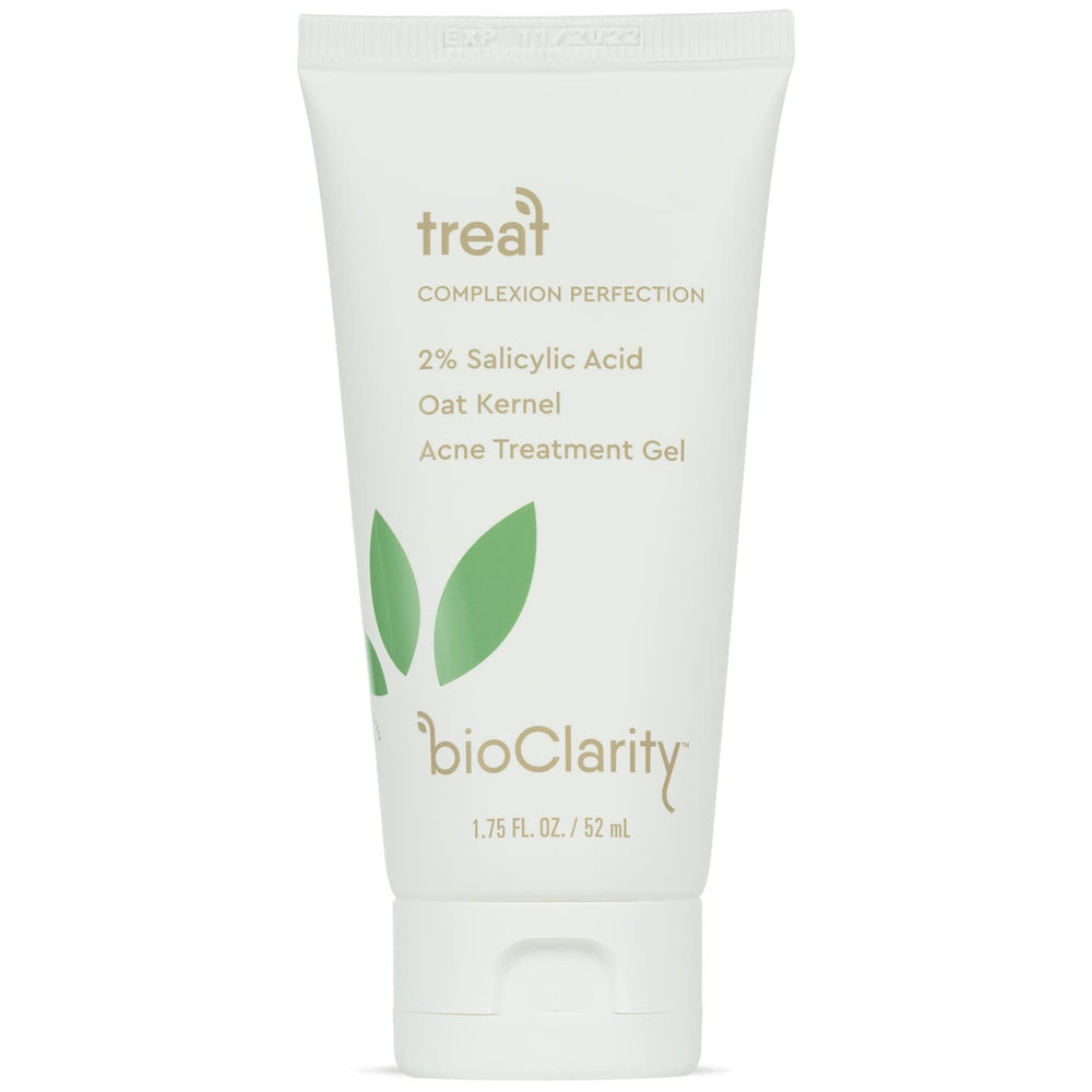 BioClarity Acne Treatment Gel bottle shows milky formula for gentle, effective care.