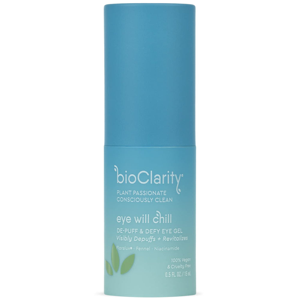 BioClarity Eye Will Chill eye gel bottle with cooling applicator soothes under-eye puffiness.
