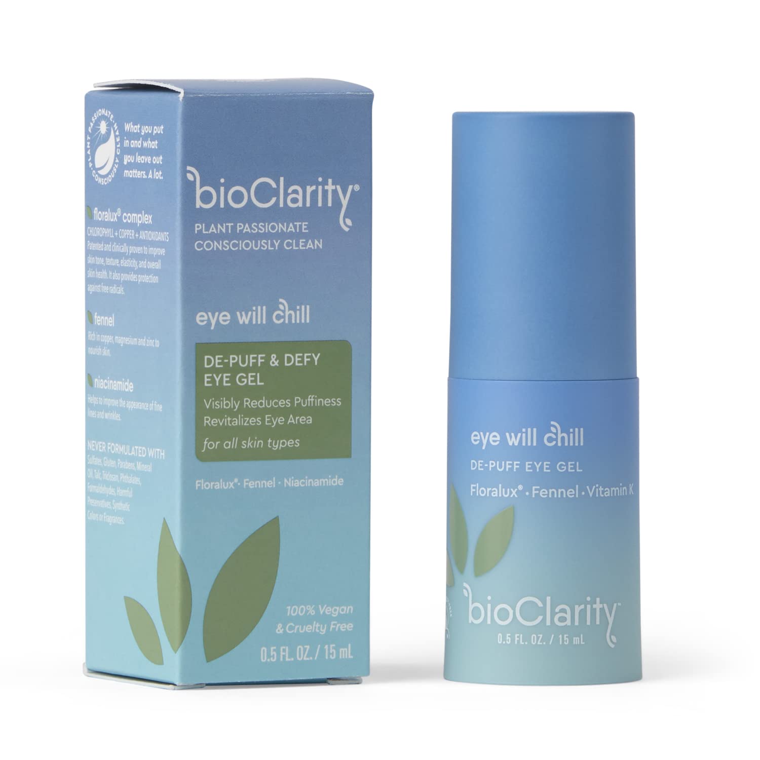 BioClarity Eye Will Chill gel drop emphasizes niacinamide and vitamins for skin vitality.