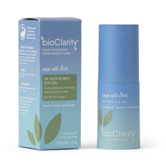 BioClarity Eye Will Chill gel drop emphasizes niacinamide and vitamins for skin vitality.