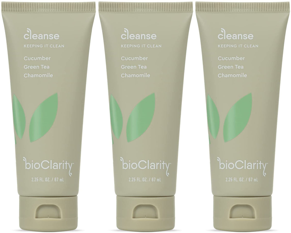 BioClarity Face Cleanser bottle closeup, showcasing gentle vegan formula for sensitive skin.