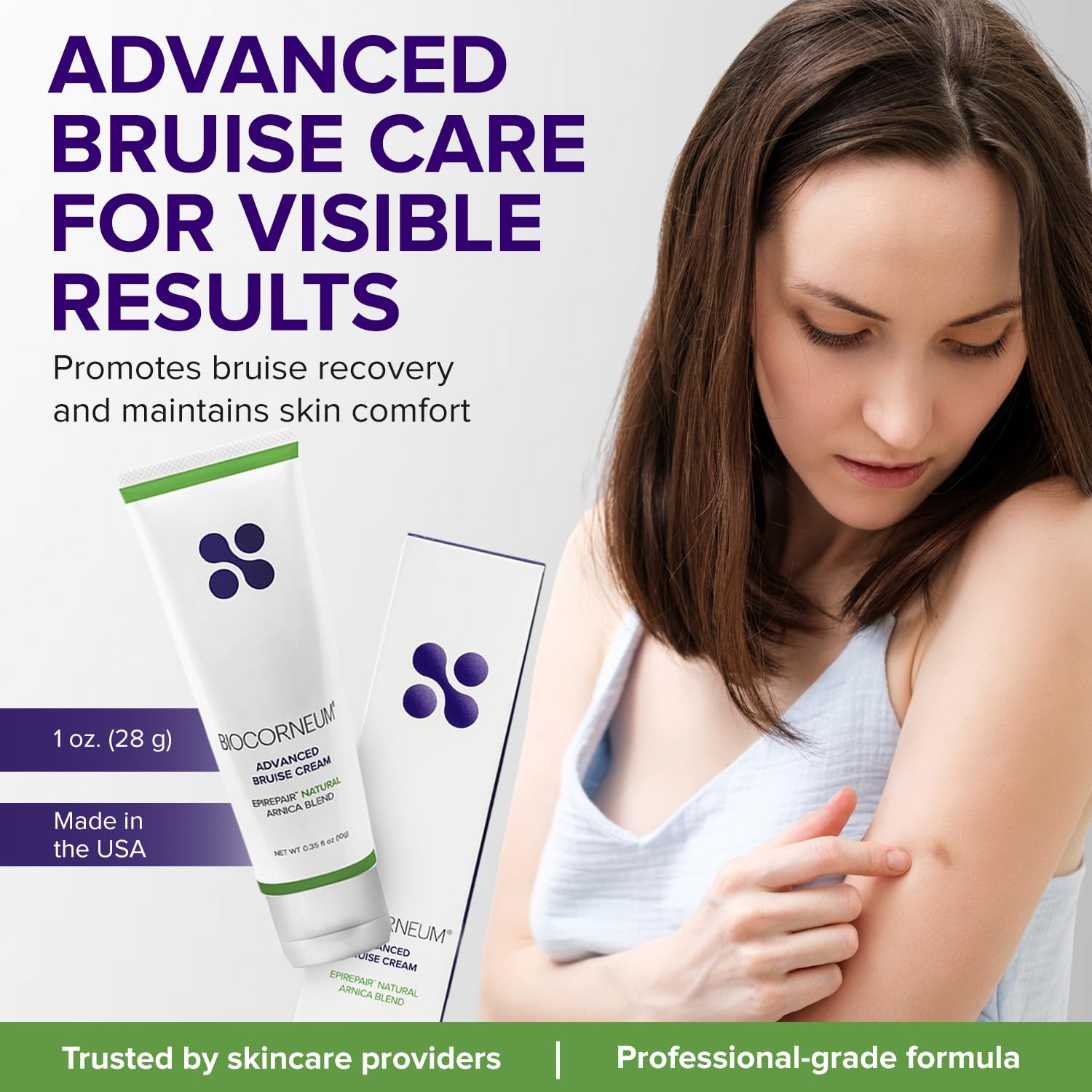 BIOCORNEUM Advanced Bruising Cream 1oz tube spread shows easy rub-in application.