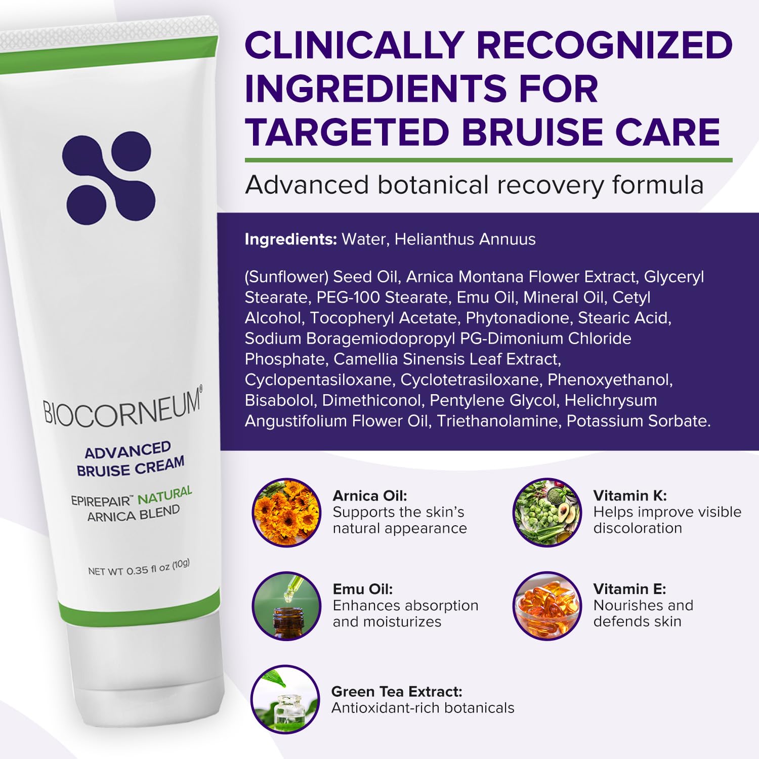 BIOCORNEUM Arnica Vitamin K Cream swatch highlights botanical blend for skin appearance.