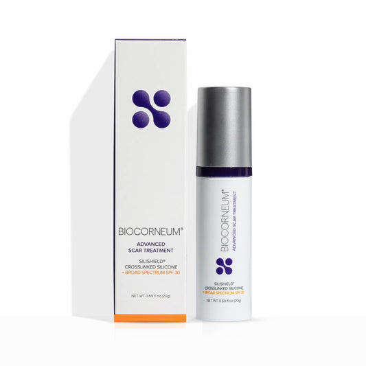 BIOCORNEUM Silishield crosslinked silicone scar gel for visible scar improvement.