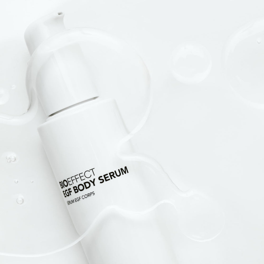 BIOEFFECT EGF Body Serum glacial water imagery suggests mineral hydration.