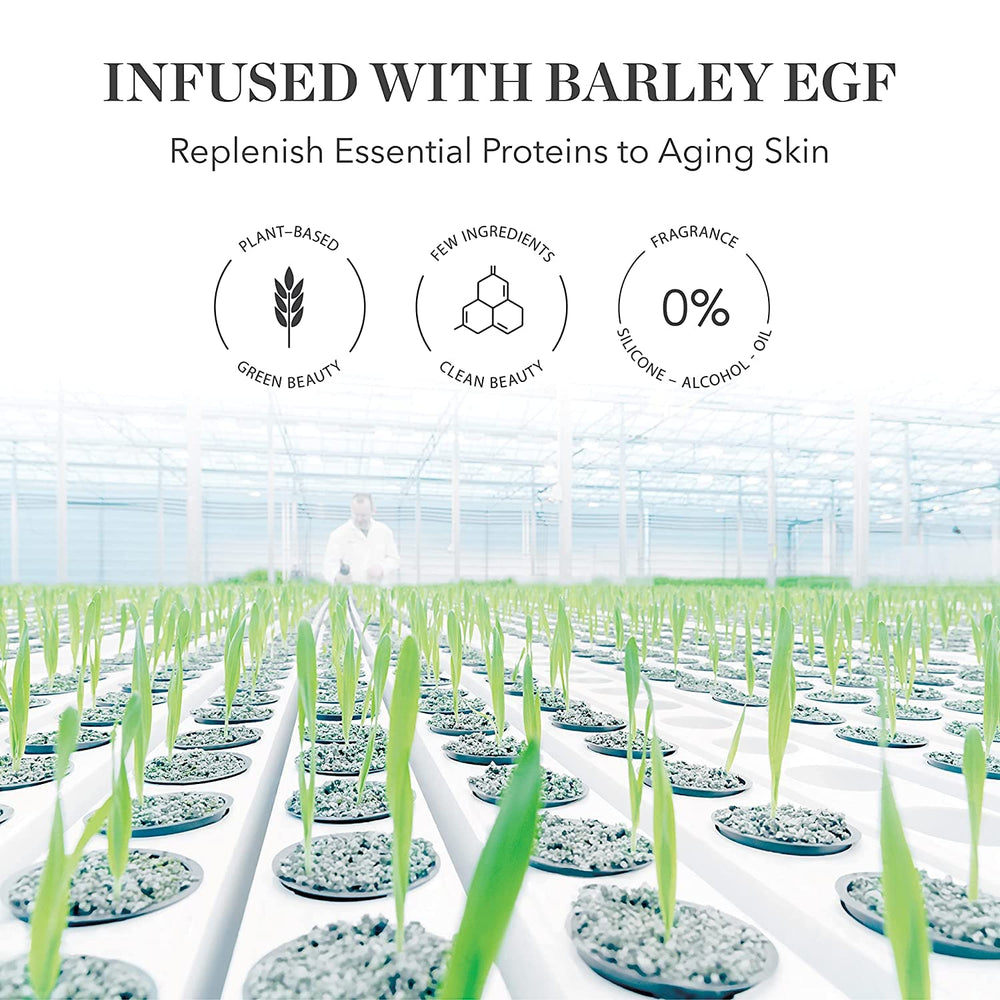 BIOEFFECT EGF Power Serum with Icelandic barley imagery emphasizes sustainable, pure ingredients.