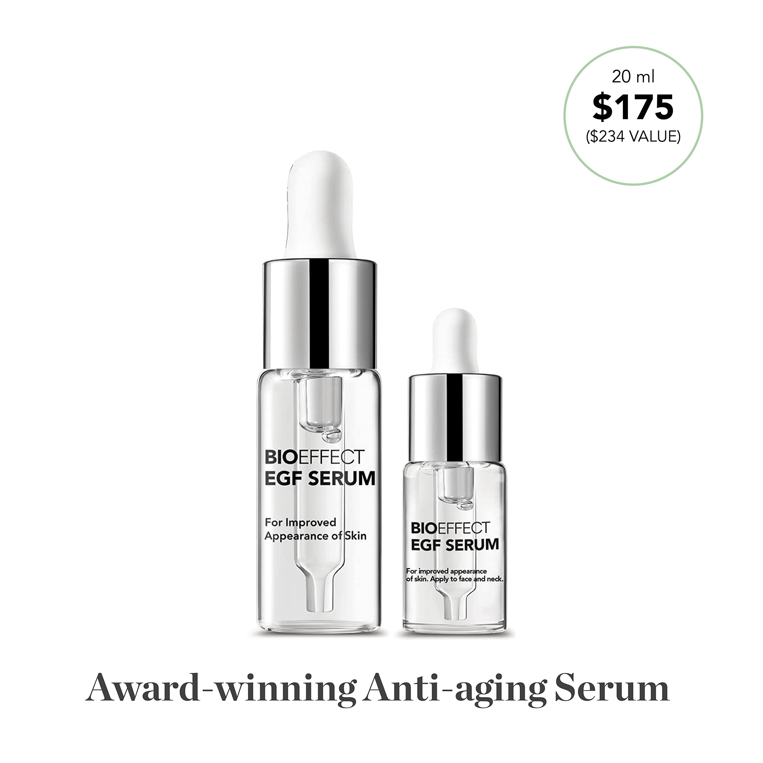 Bioeffect EGF Serum glass bottle emphasizes premium, compact design.
