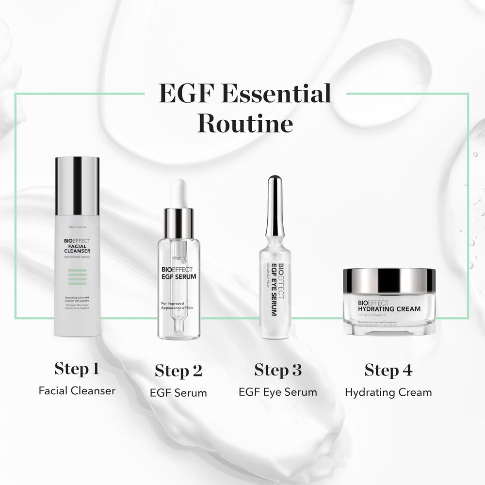 Bioeffect EGF Serum night routine setup suggests hydrating finish.