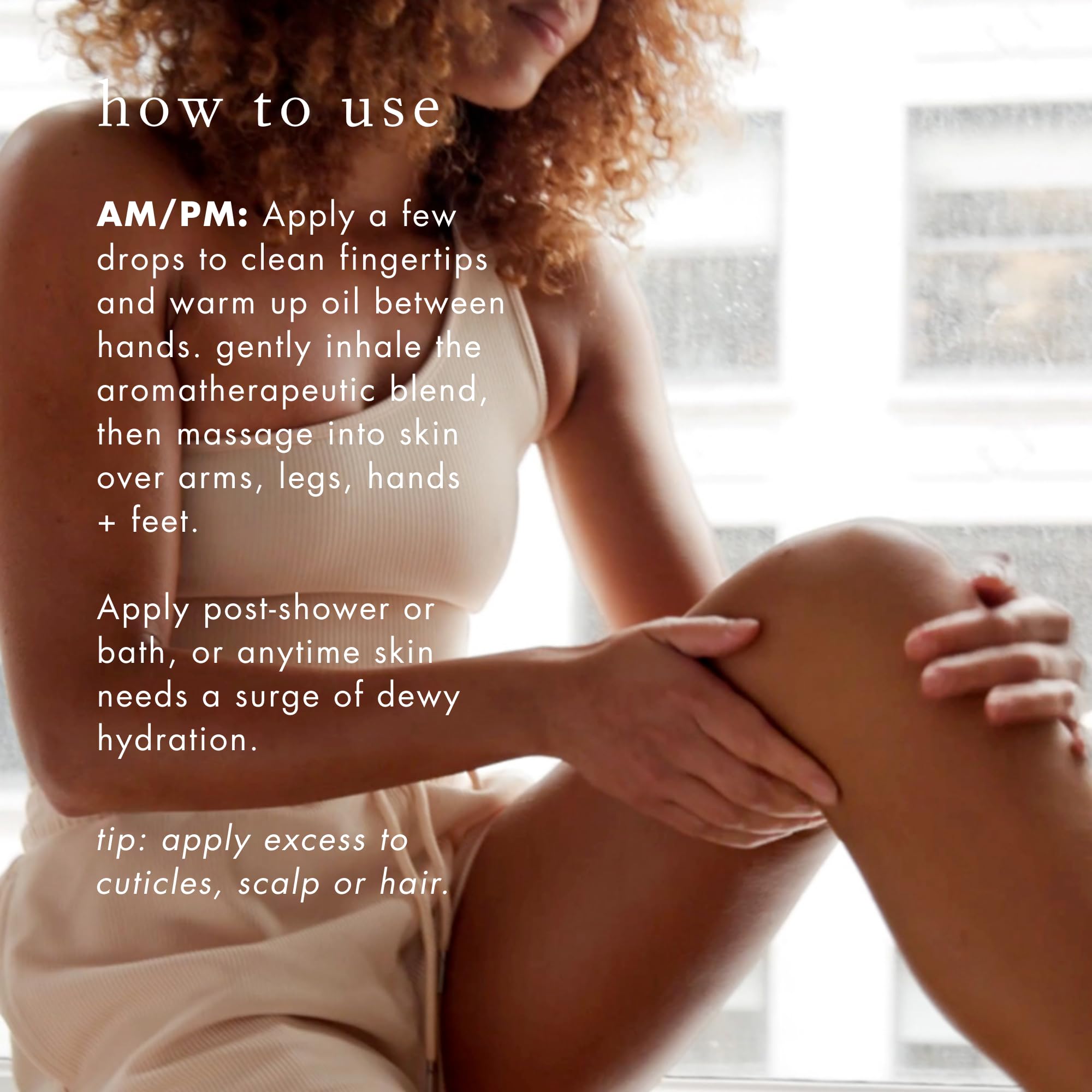 Bioelements Dewluxe Body Oil application scene illustrating massage on arms and legs
