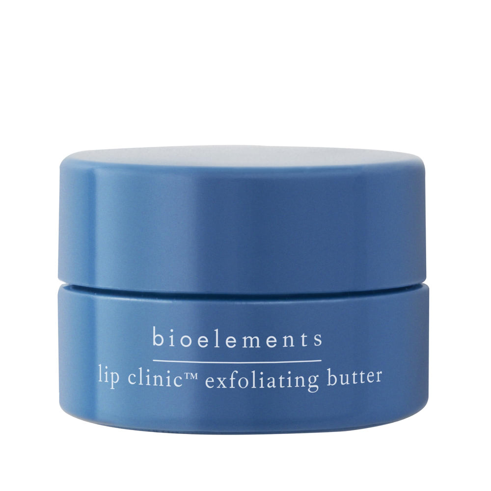 Bioelements Lip Clinic Exfoliating Butter jar showing overnight exfoliation and hydration.