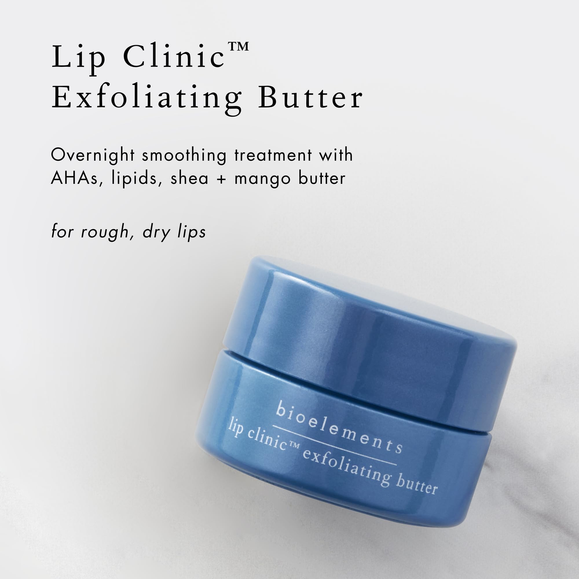 Bioelements Lip Clinic Exfoliating Butter glass packaging protecting essential oils.