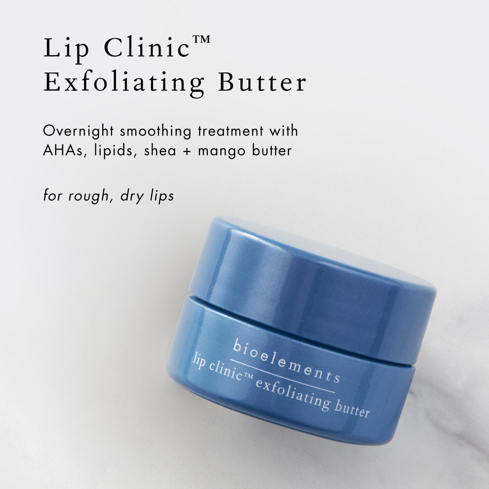 Bioelements Lip Clinic Exfoliating Butter glass packaging protecting essential oils.