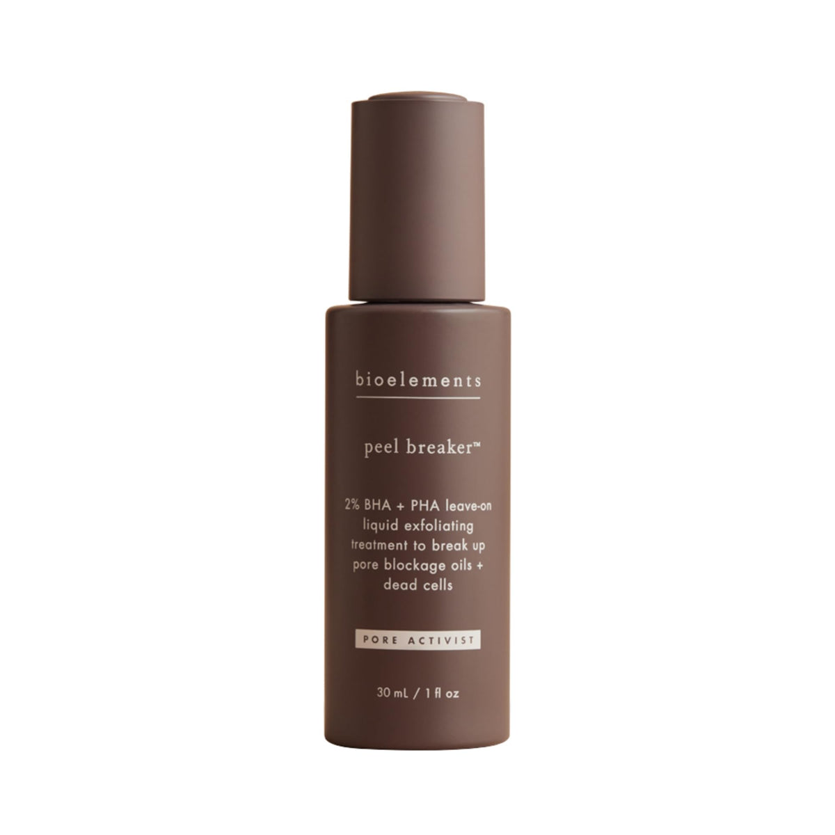 Bioelements Peel Breaker bottle side view showing product in routine for pore clarity