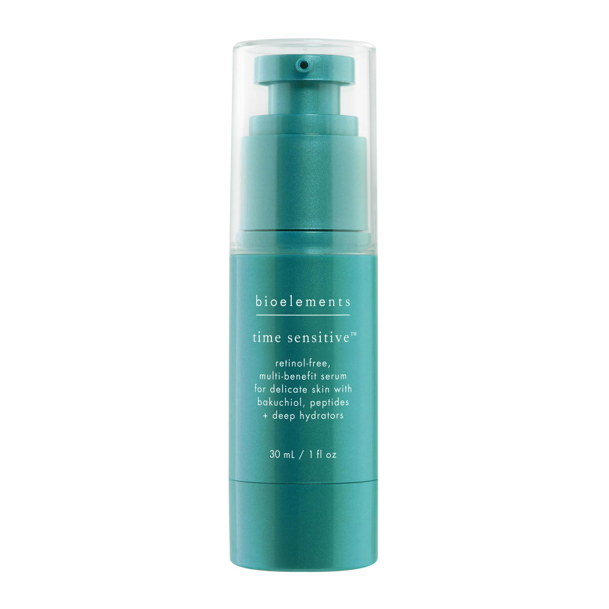 Bioelements Time Sensitive serum bottle shows a gentle, retinol-free anti-aging option.