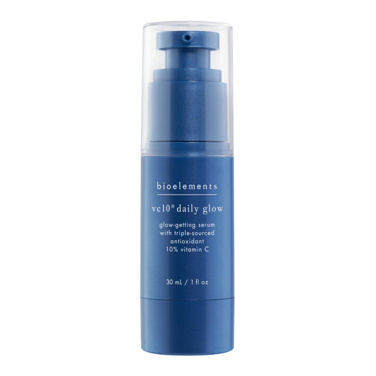 Bioelements vc10 Daily Glow serum bottle highlighting hydration and glow