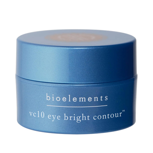 Bioelements vc10 Eye Bright Contour jar shows a silky cream texture for refreshed under-eye skin.