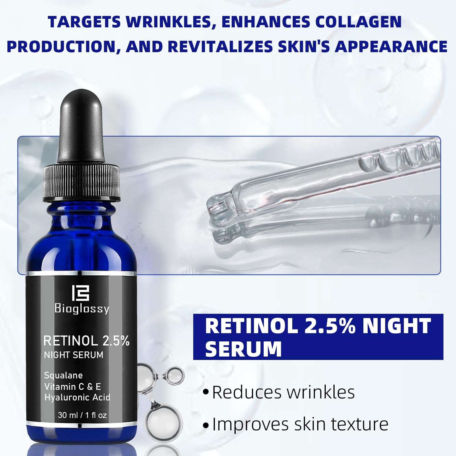 Bioglossy night serum in calm bathroom routine.