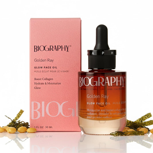Biography Glow bottle showing radiant hydration for luminous skin.