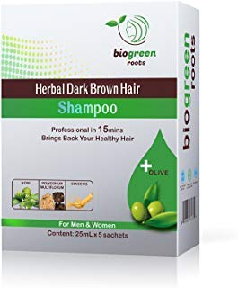 BIOGREEN ROOTS dark brown herbal hair dye shampoo application for even gray coverage and shine