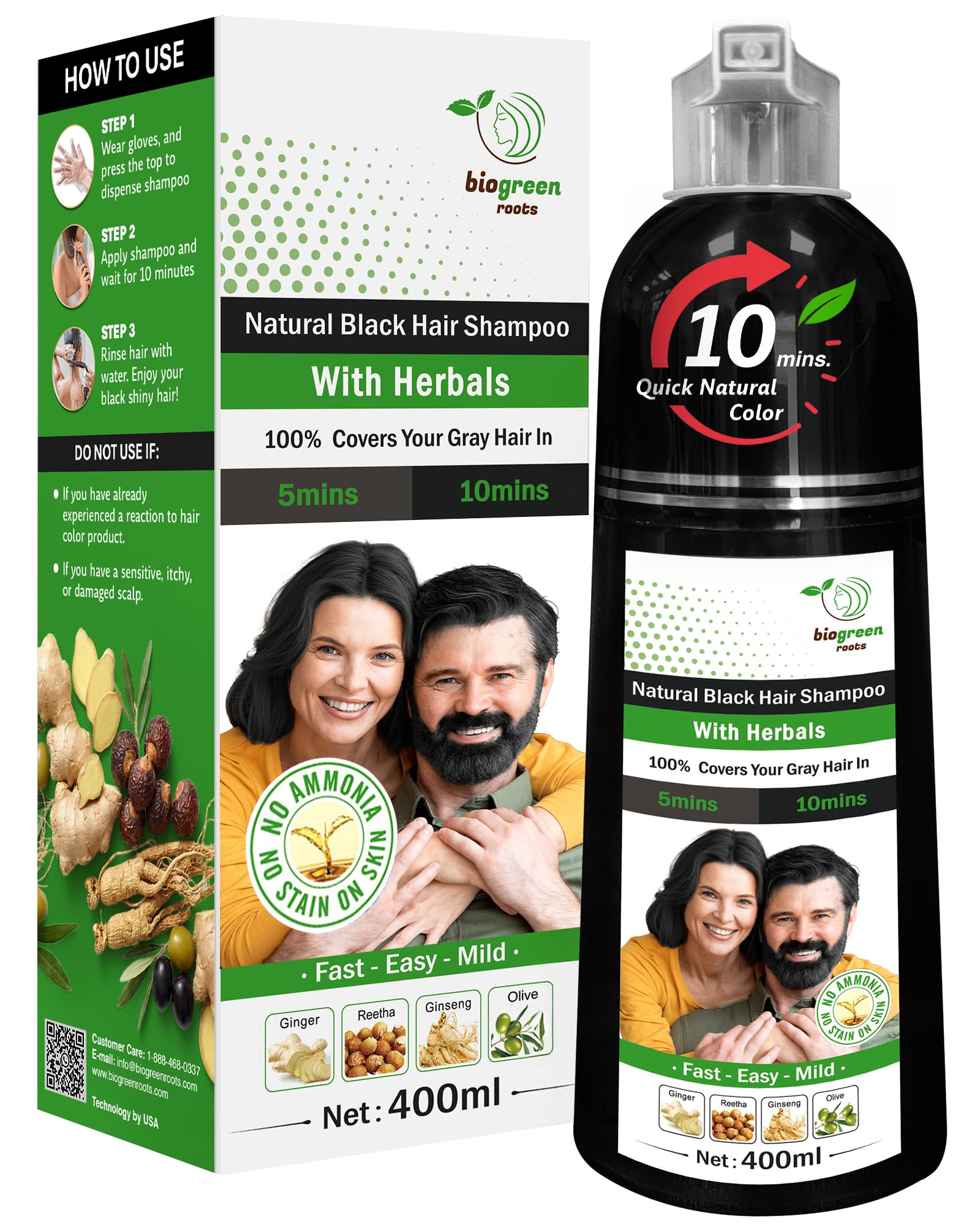 BIOGREEN ROOTS natural black shampoo bottle showing vibrant color potential.