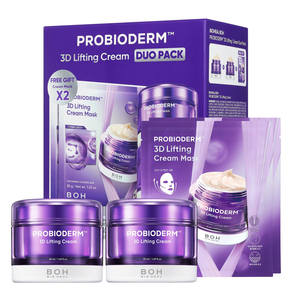 BIOHEAL BOH Probioderm 3D lifting cream jar demonstrates firming care for facial contours.