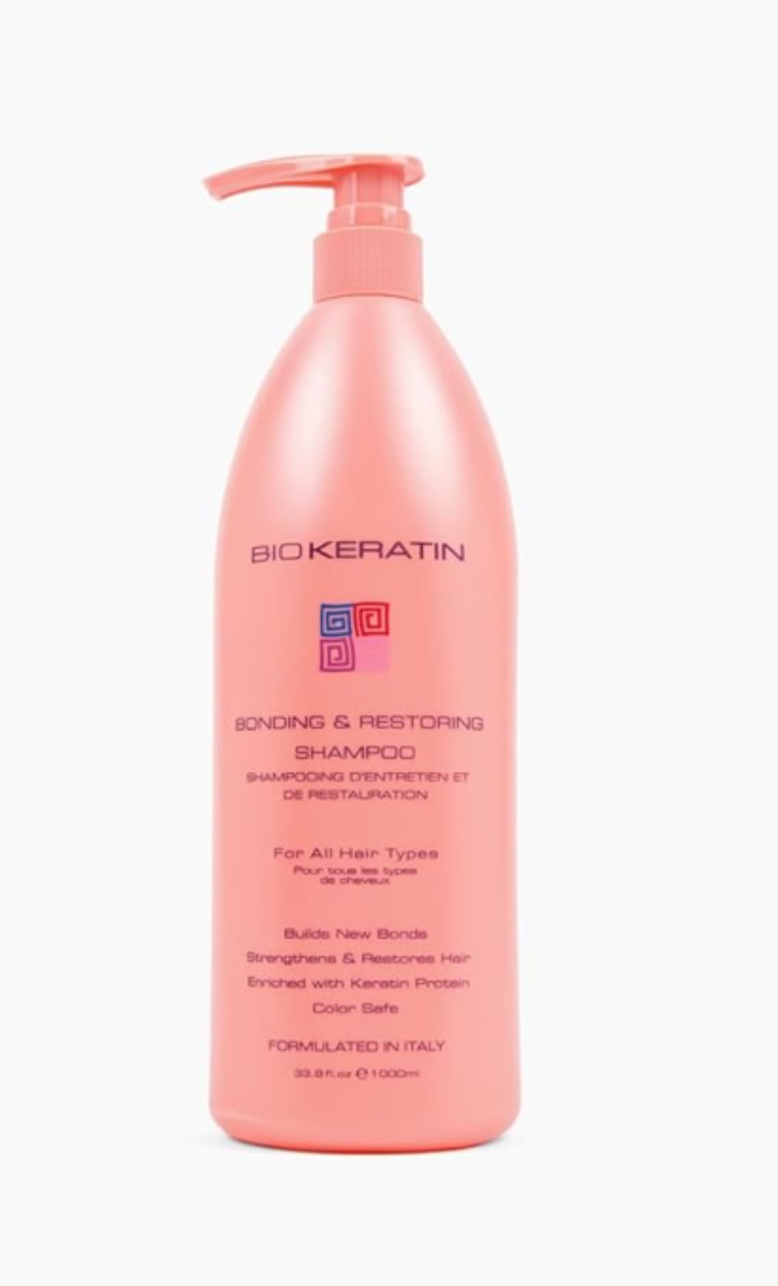 Biokeratin Bio Keratin Bonding & Restoring Shampoo bottle promotes bond repair for stronger hair