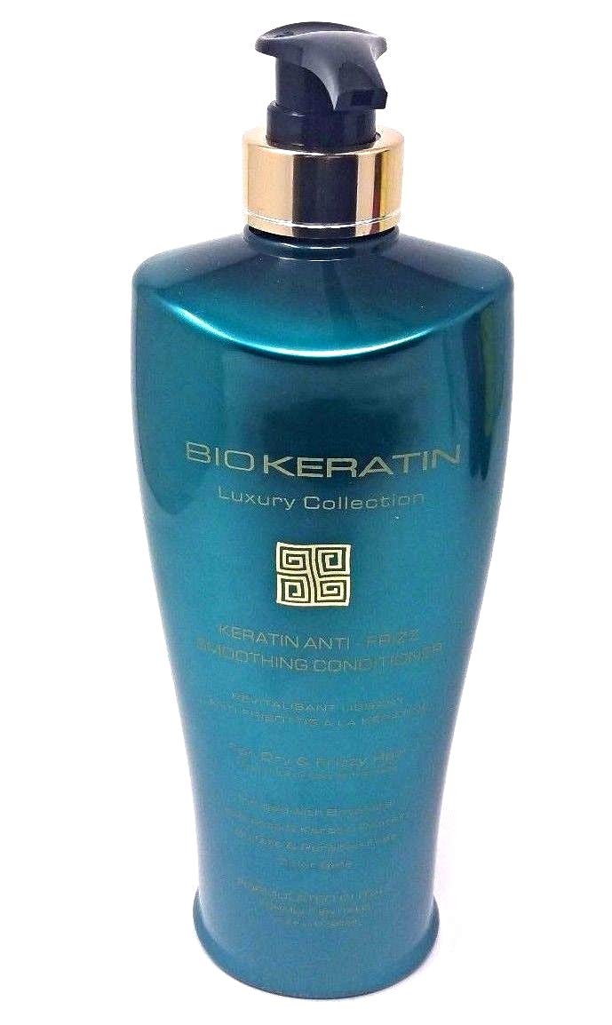 Biokeratin Bio Keratin Luxury Collection Anti-Frizz Conditioner bottle smooths frizz for sleek, manageable hair.