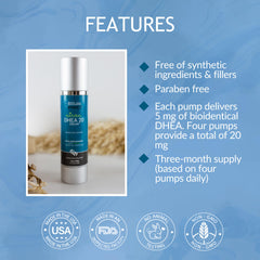 BIOLABS PRO Dhea Cream ingredients blend shows Aloe, Shea, Coconut, Olive oils