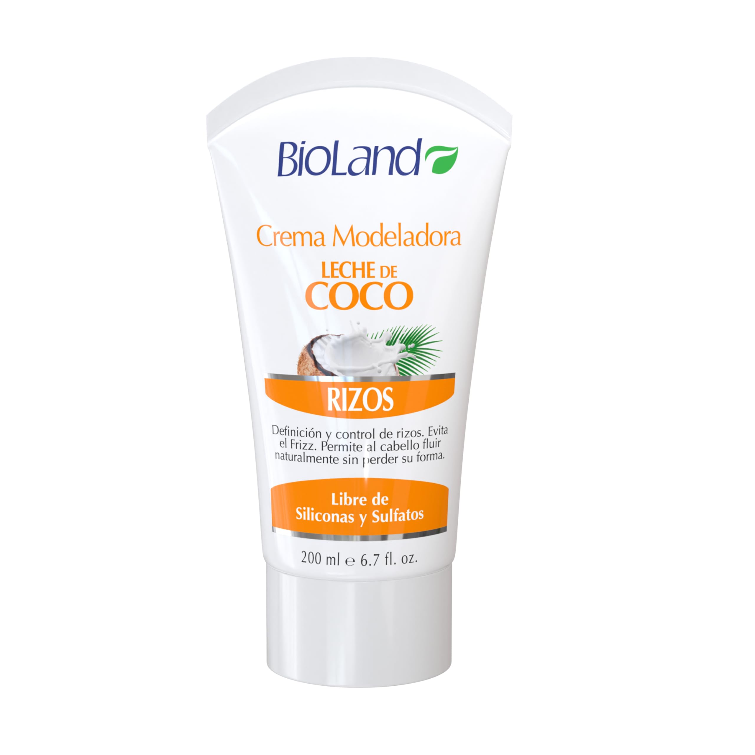 Bioland coconut milk curl cream bottle close-up for defined curls.