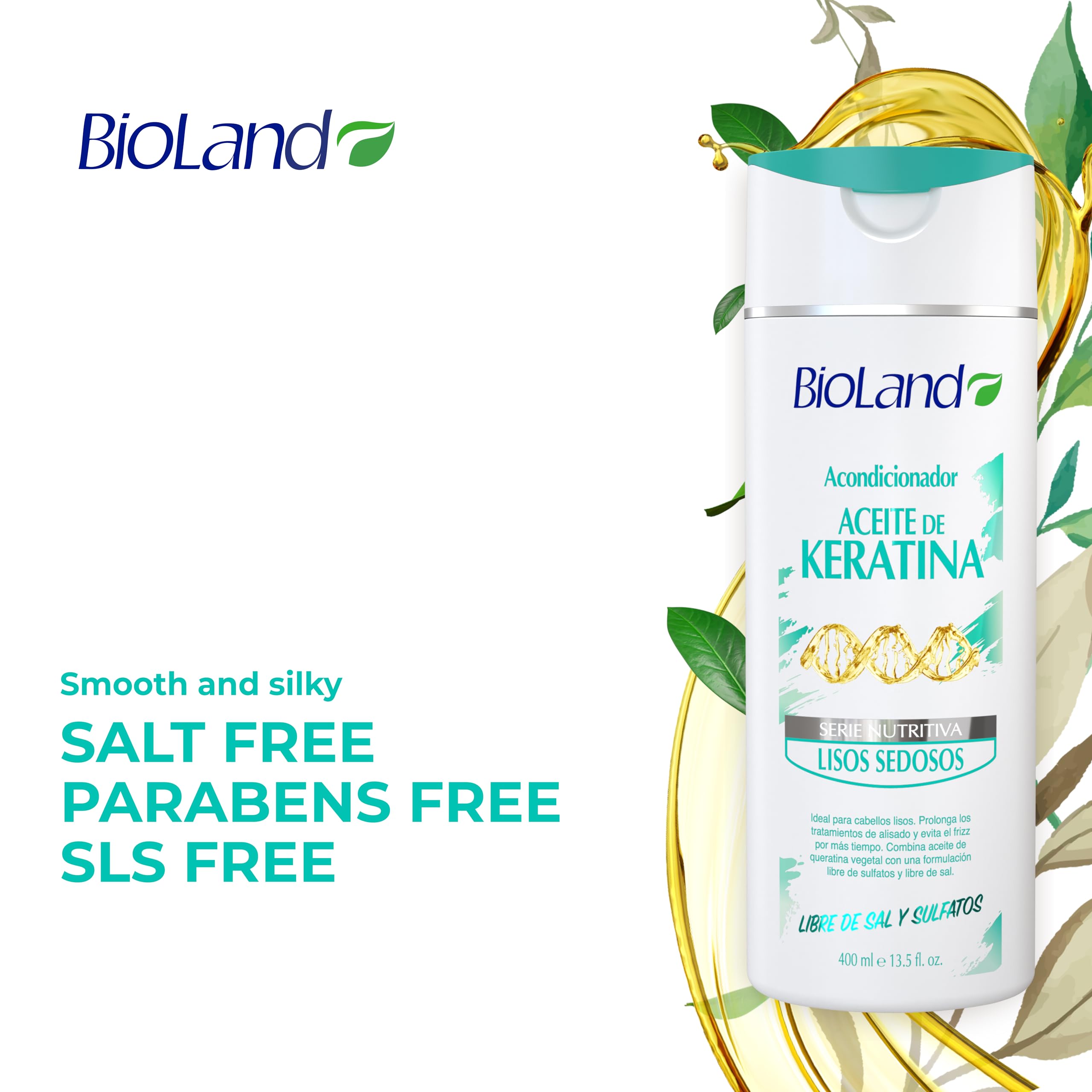 Bioland Keratin Oil Conditioner hair-application shot shows creamy texture for nourishing.