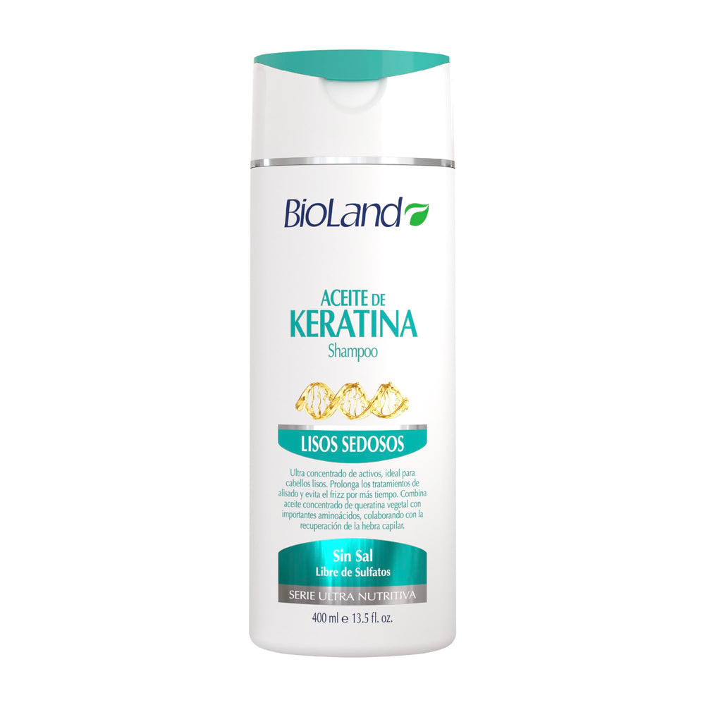 Bioland Keratin Oil Shampoo bottle shows ultra-concentrated formula for treated hair.
