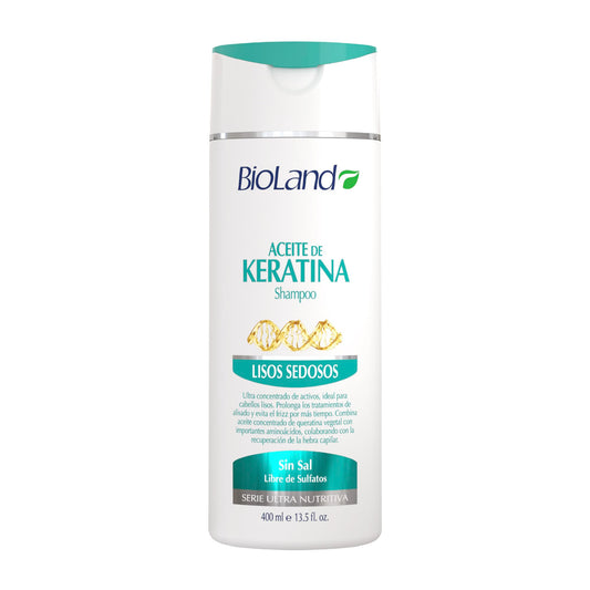 Bioland Keratin Oil Shampoo bottle shows ultra-concentrated formula for treated hair.
