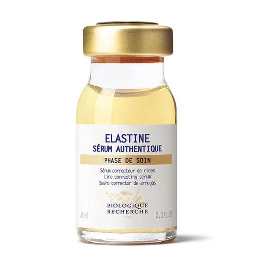BIOLOGIQUE RECHERCHE Elastine Serum bottle close-up, highlighting premium texture and hydration benefits.