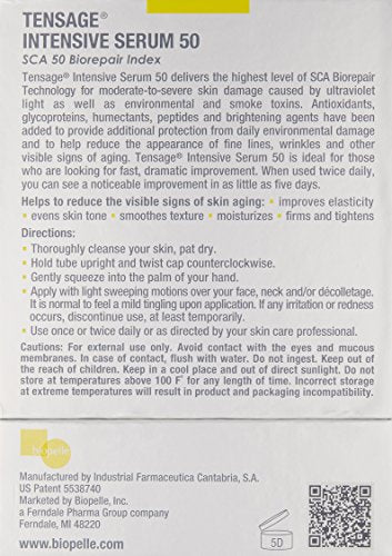 Biopelle Tensage Growth Factor Intensive Serum 50 label close-up highlighting SCA Biorepair benefits.