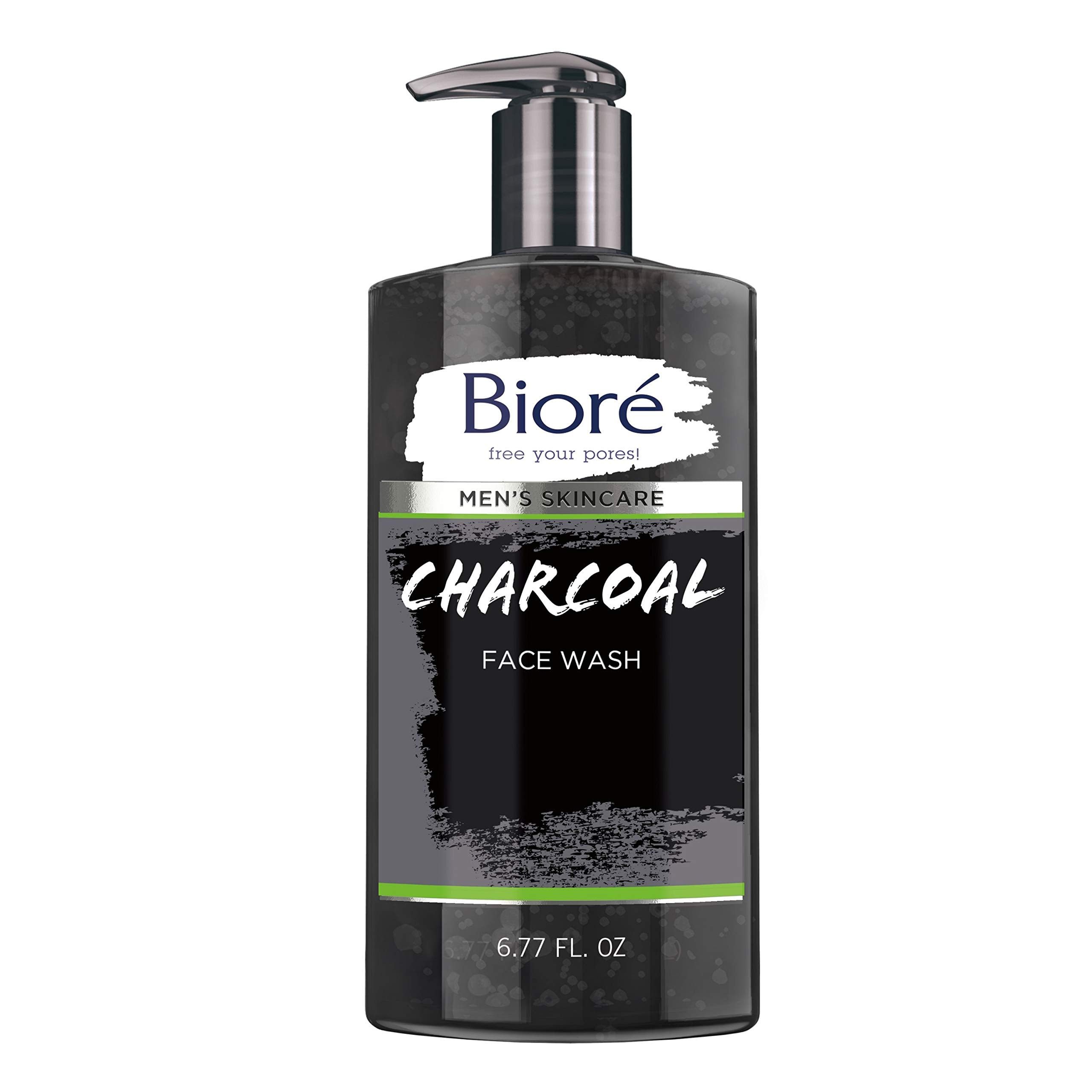 Biore Men's Charcoal Face Wash bottle showing foaming action for deep pore cleansing.