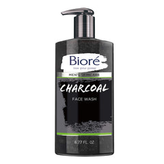 Biore Men's Charcoal Face Wash bottle showing foaming action for deep pore cleansing.