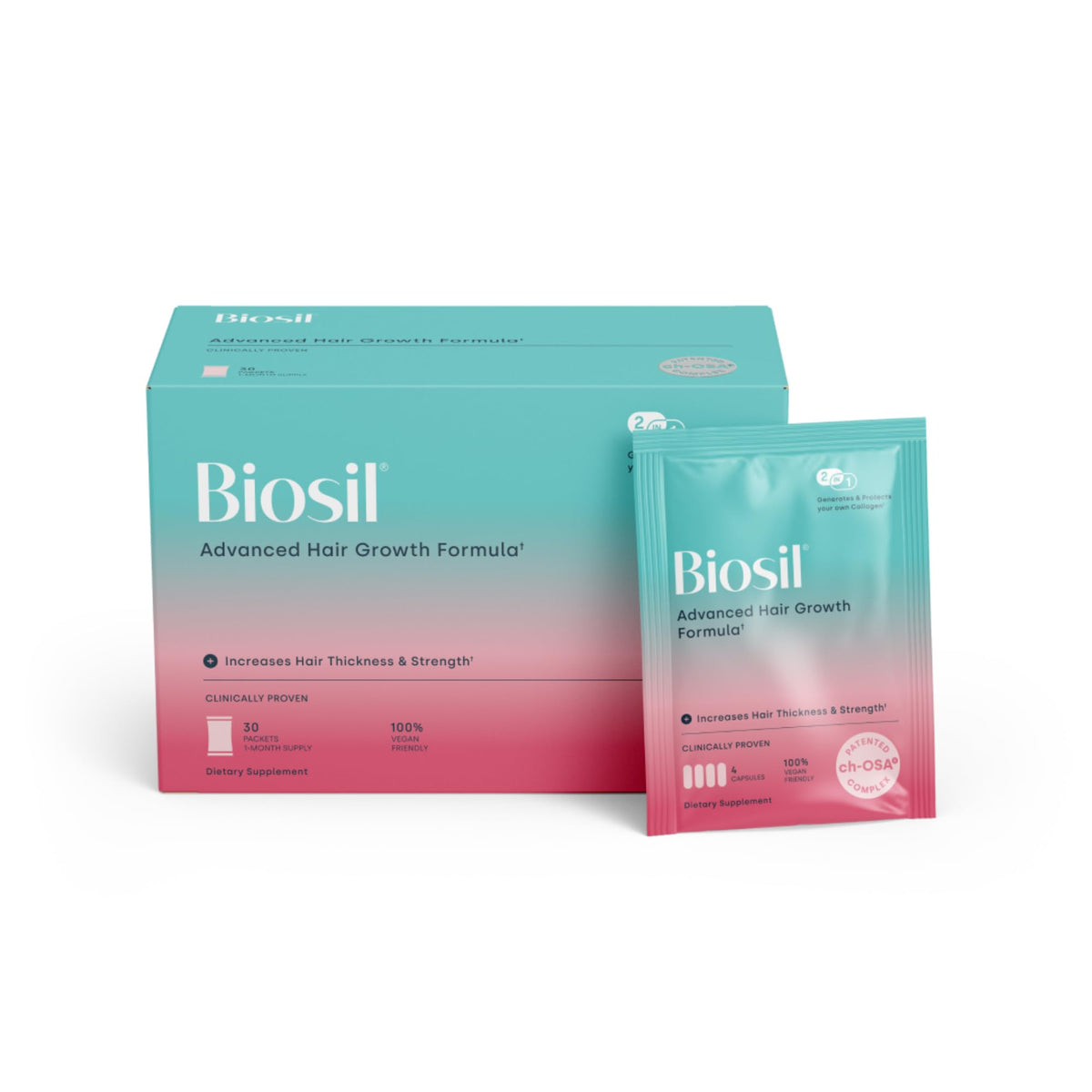 Biosil advanced hair growth formula packets show easy daily use and potential fullness