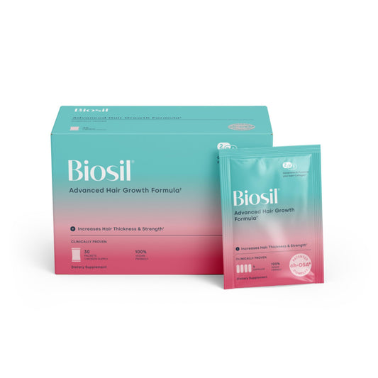 Biosil advanced hair growth formula packets show easy daily use and potential fullness