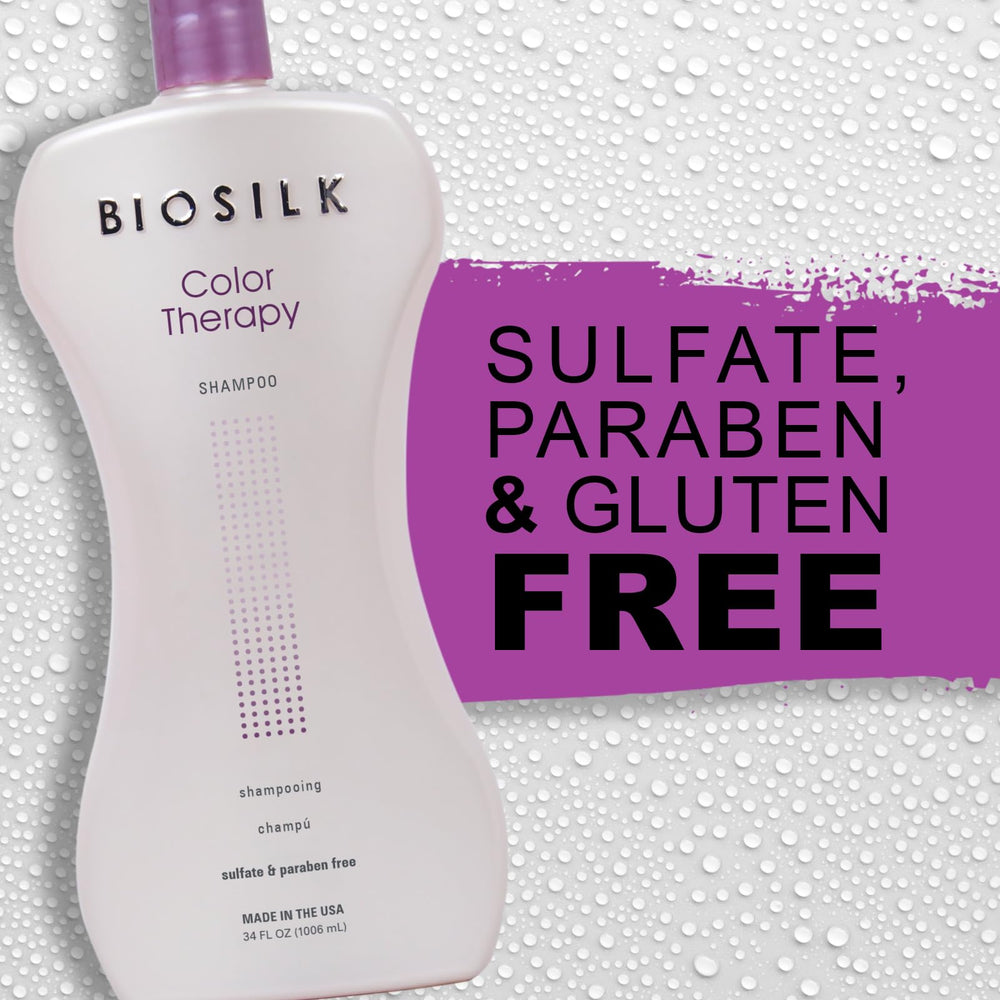 BioSilk Color Therapy Shampoo on shelf, salon-grade color care at home.