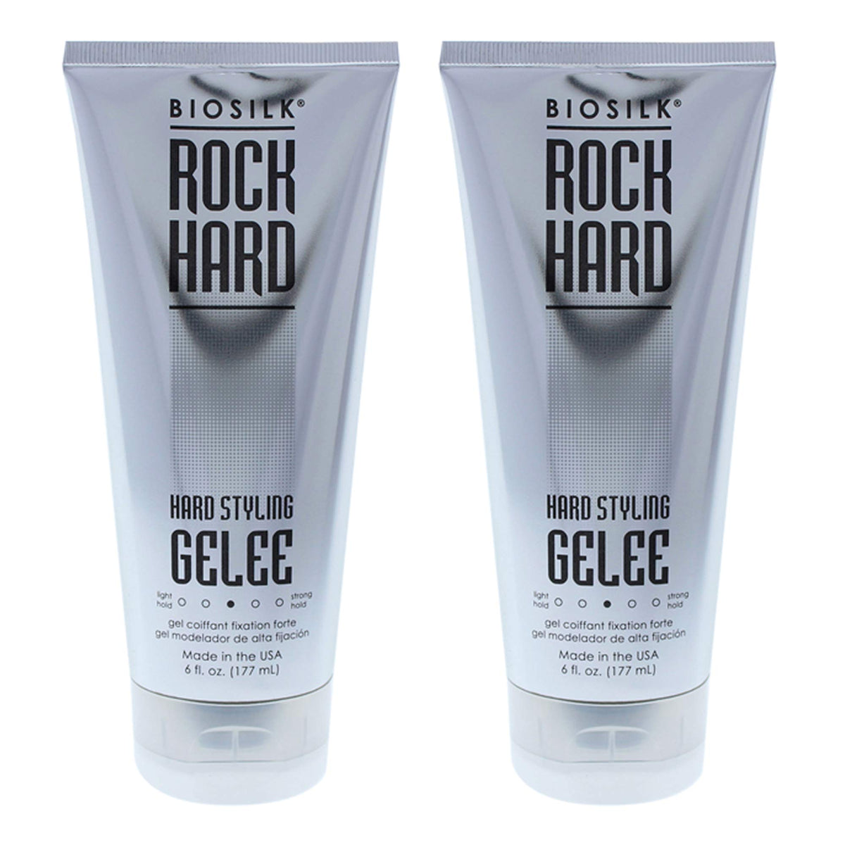 BioSilk Rock Hard Gel bottle for strong hold and flexible shine, ideal for unisex styling.