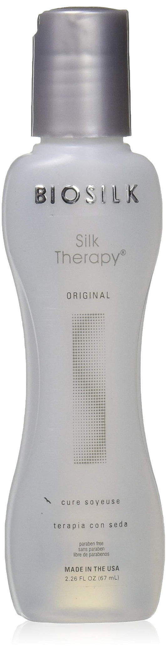 BioSilk Silk Therapy bottle front highlights premium leave-in hair care.
