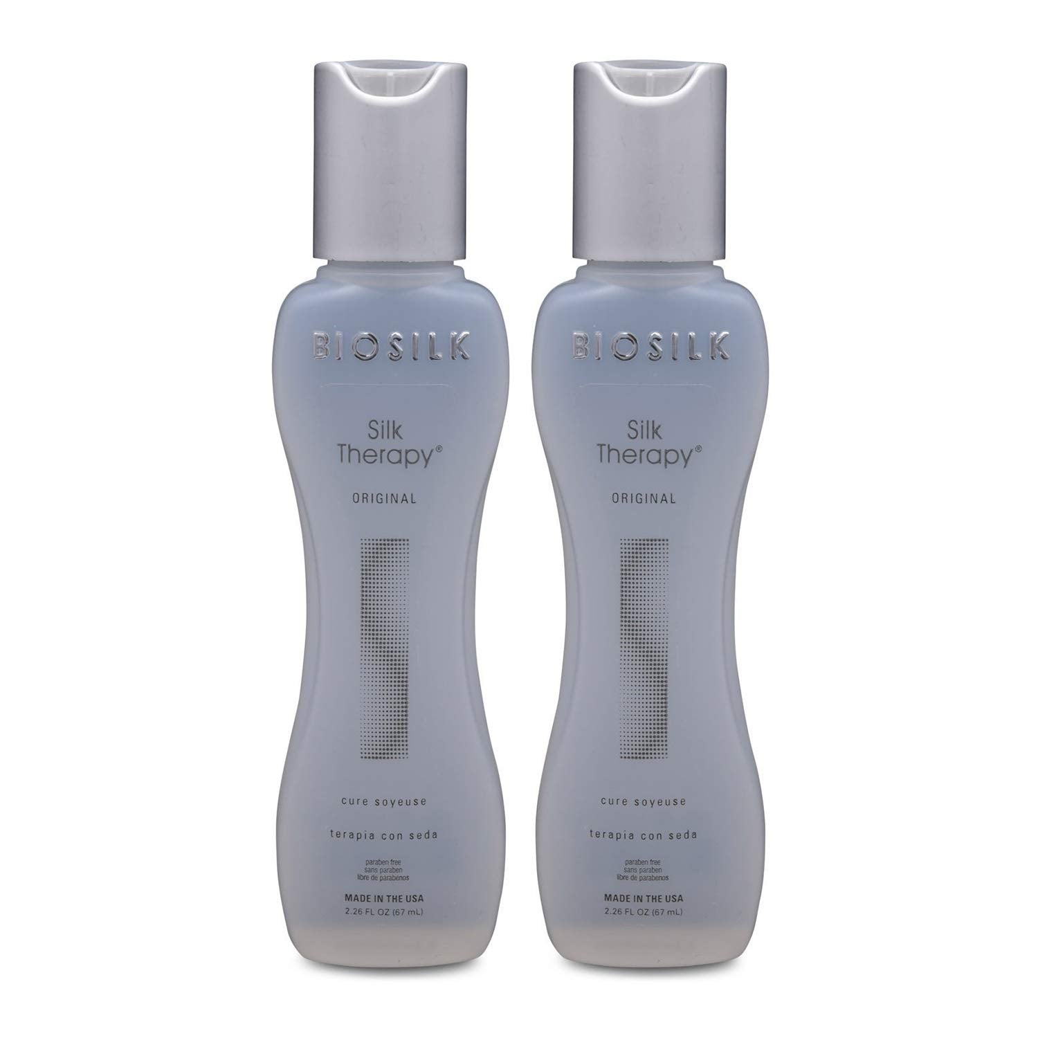 BioSilk Silk Therapy Cure two-pack bottle offers nourishing, glossy hair potential.