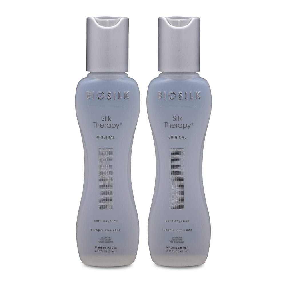BioSilk Silk Therapy Cure two-pack bottle offers nourishing, glossy hair potential.