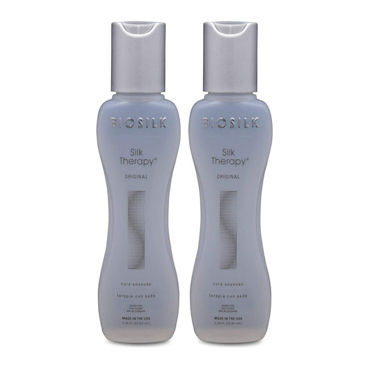 BioSilk Silk Therapy Cure two-pack bottle offers nourishing, glossy hair potential.