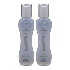 BioSilk Silk Therapy Cure two-pack bottle offers nourishing, glossy hair potential.