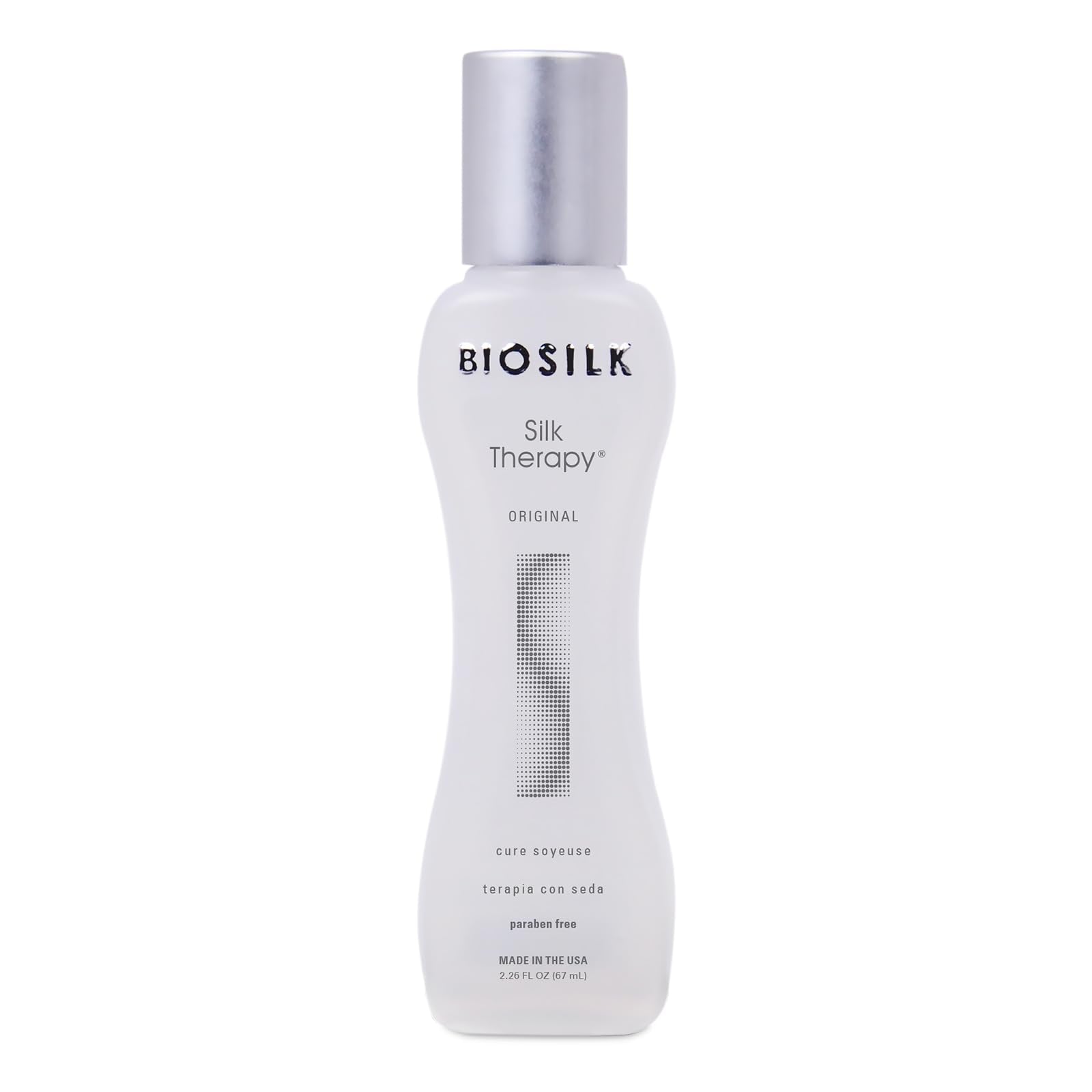 BioSilk Silk Therapy Original bottle front highlights shine and detangling potential.
