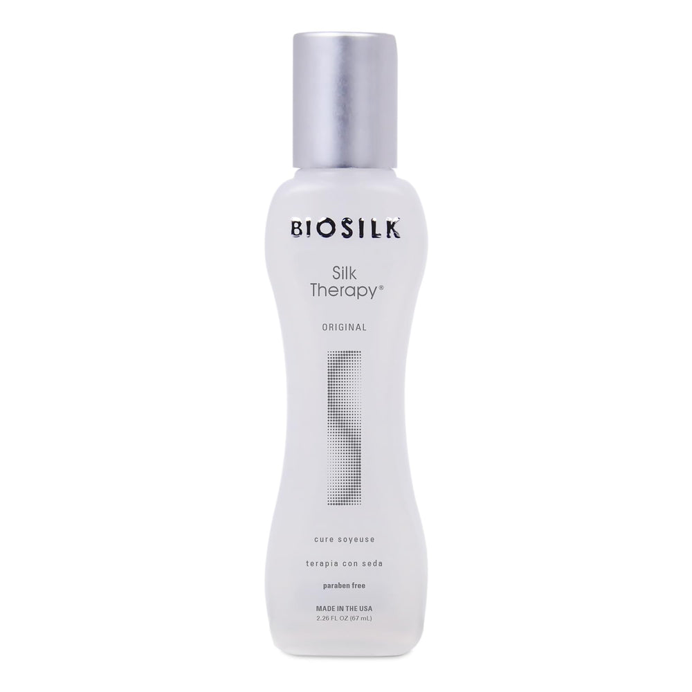 BioSilk Silk Therapy Original bottle front highlights shine and detangling potential.