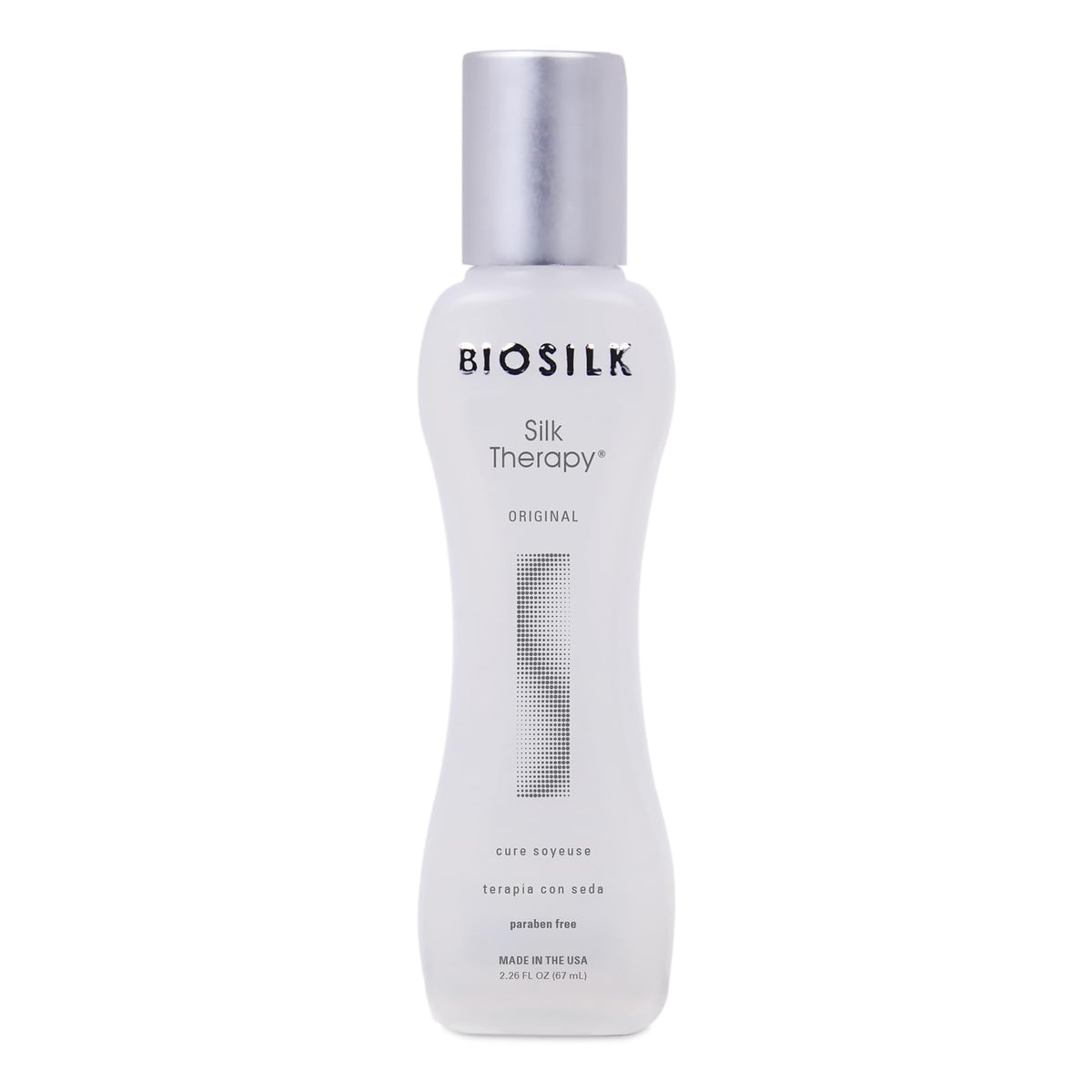 BioSilk Silk Therapy Original bottle front highlights shine and detangling potential.