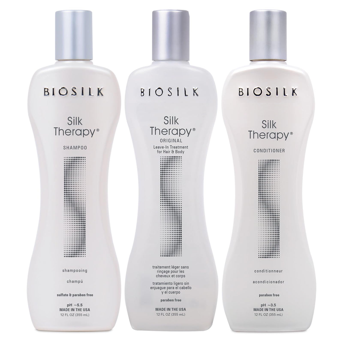 BioSilk Silk Therapy Shampoo bottle shows luxurious shine and clean scalp